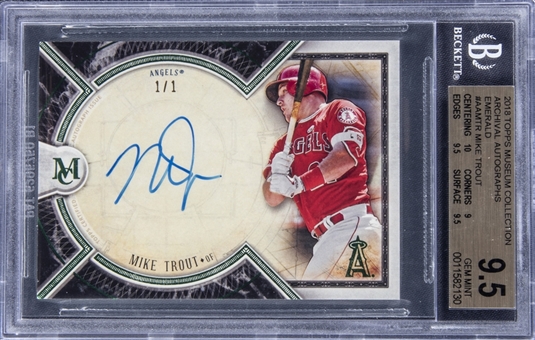 2018 Topps Museum Collection Archival Autographs Emerald #AAMTR Mike Trout Signed Card (#1/1) - BGS GEM MINT 9.5/BGS 10